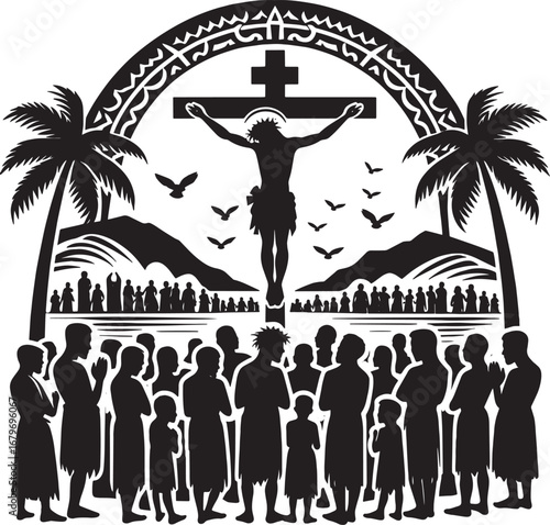 Artistic depiction of the crucifixion of Jesus Christ with a crowd of people and palm trees