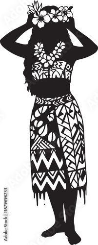 Silhouette of pacific island woman with lei and traditional atti