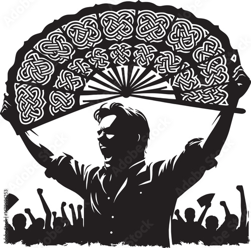 Silhouette of a man holding a decorative fan with a crowd raising their hands in protest or support