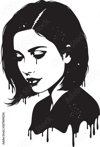 Stylized monochrome portrait of a somber woman with dripping tex