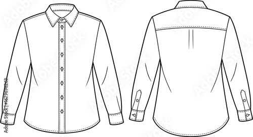 Long Sleeve Button-Up Shirt Technical Fashion Illustration Front and Back View for Apparel Design, Garment Construction, Vector Flat Sketch