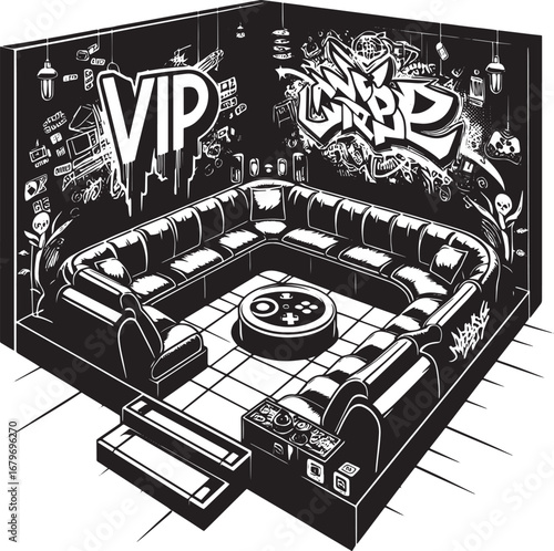 Illustration of a VIP gaming lounge interior with graffiti art and a comfortable sectional sofa