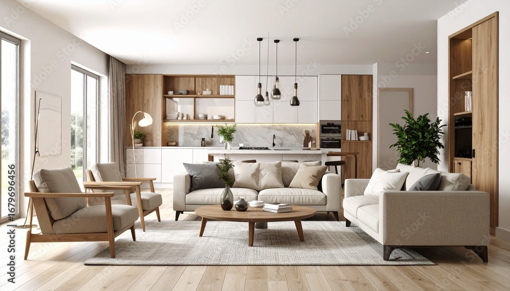 Fototapeta premium “Minimalist open-concept living room and kitchen with beige sofas, wood accents, natural light and neutral tones”