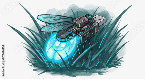 Futuristic cyberpunk usb dragonfly in nature with neon blue glow