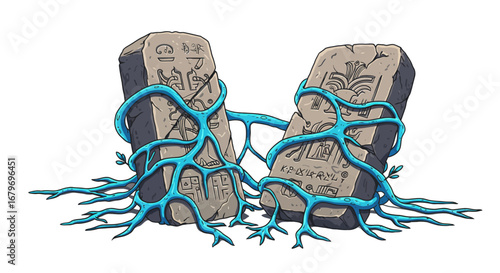 Ancient stone monoliths with mystical blue vines and hieroglyphics