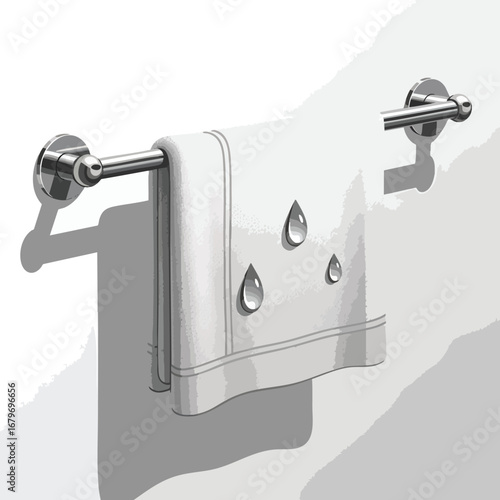 Clean white towel hanging on a metal rack in a bathroom.