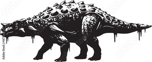 Detailed monochrome drawing depicting a nodosaurus dinosaur illu