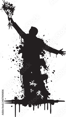 A Man's Silhouette Celebrates with Bouquet, Rendered in Bold Bla
