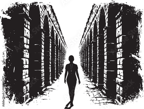 Monochromatic journey: Silhouette amidst ancient architecture an