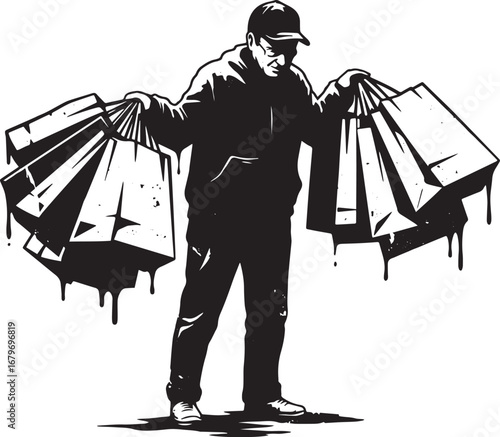 Black and white vector illustration of a man struggling with sho