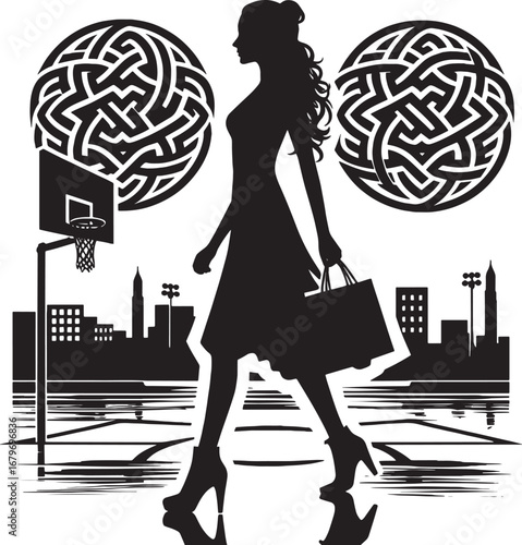 Silhouette of a woman walking in front of a cityscape with artistic labyrinth background design