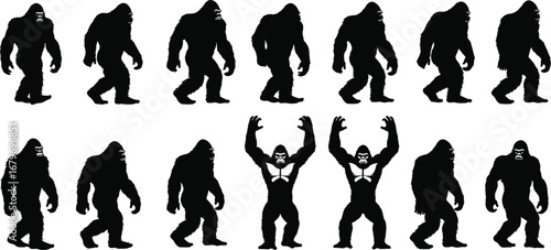 Silhouette sequence of Bigfoot Sasquatch walking and standing poses facing left and right for animation, cryptid design, folklore, monster vector illustration