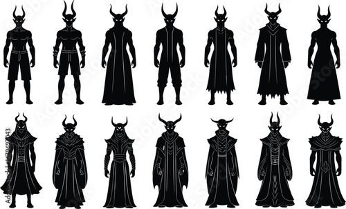 Silhouette set of horned demon characters in progressive costume designs for fantasy, dark magic, villain concept, game art, vector illustration