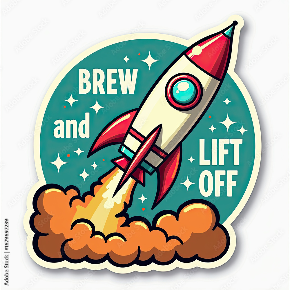 Fototapeta premium Rocket launch beer sticker, retro cartoon, teal and orange, brew humor