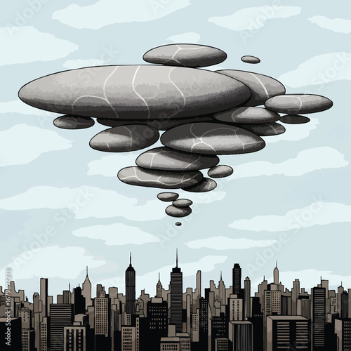Surreal Floating Stone Cloud Over a Modern Cityscape.