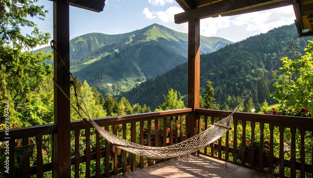 Fototapeta premium Rustic lodge balcony hammock overlook