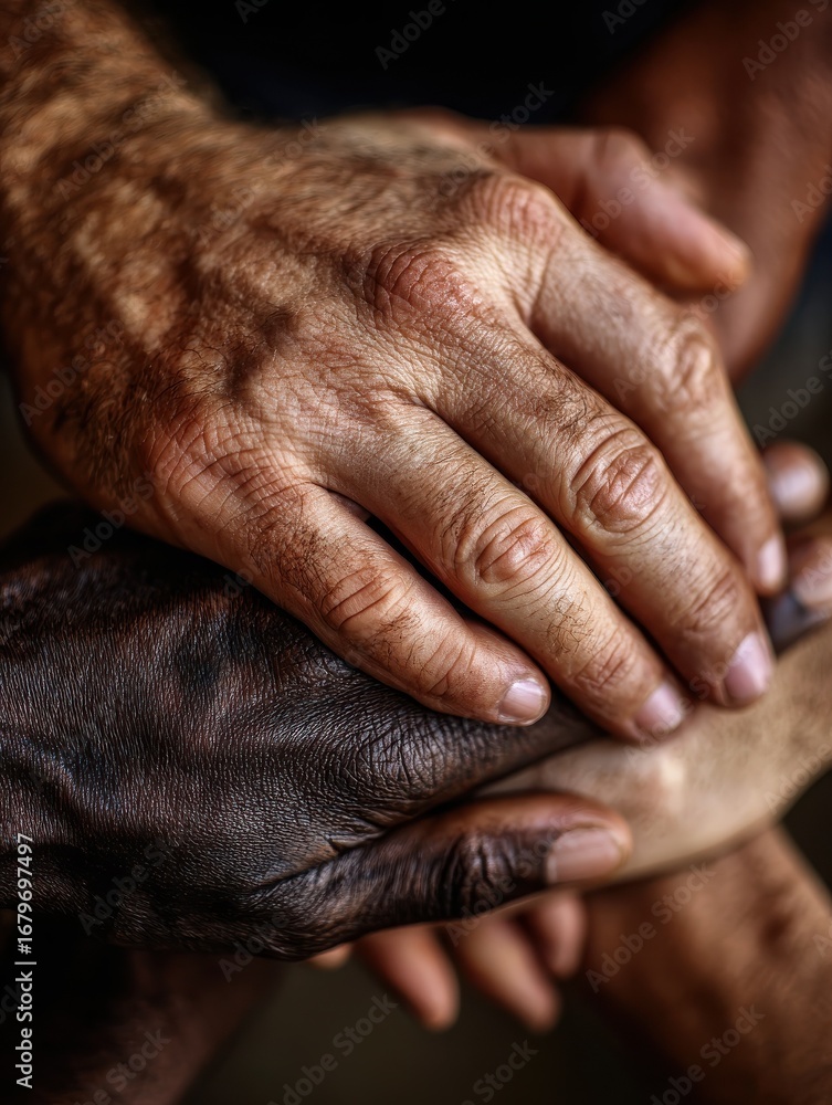 Fototapeta premium four diverse hands clasped together in unity symbolizing strength and collaboration indoor closeup inspirational