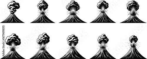 Volcanic eruption stages sequence vector illustration showing dormant to explosive phases with ash clouds, smoke plumes, lava flow, geological natural disaster