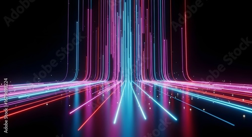 Abstract vertical neon light trails on a reflective surface. Big data stream and information technology concept. Glowing lines representing a digital matrix or network activity.