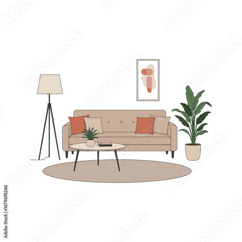 Modern living room with stylish furniture and a large window