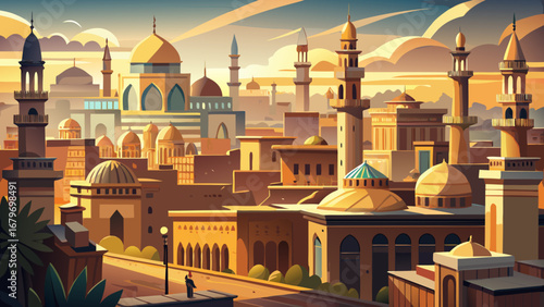 Historic Cairo, Egypt, spreads domes, minarets, and narrow alleyways across the skyline. Golden haze above limestone facades; semi-realistic flat vector stressing ornate silhouettes, calm light, and 