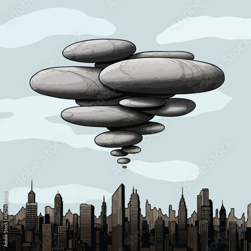 A surreal stack of balanced stones hovers above a city skyline.