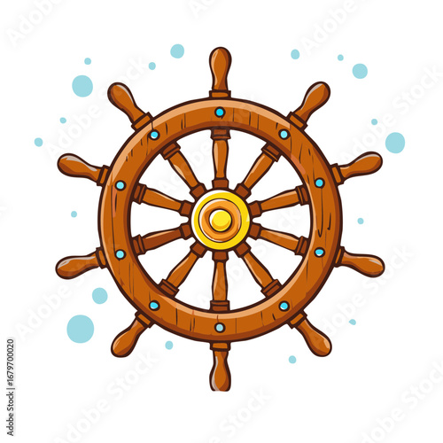 Cartoon brown ship wheel with gold center and blue gem accents and turquoise bubble illustrations