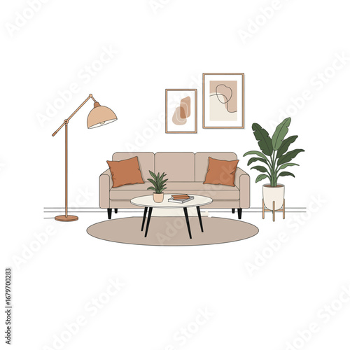 A modern living room interior with a wooden table, chairs, and a large window overlooking a city view