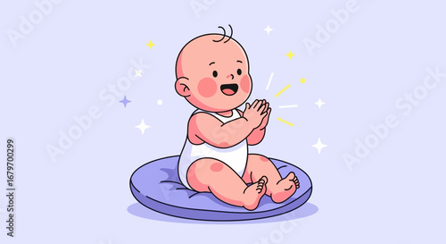 Delightful Depiction Of A Cheerful Infant Clapping While Sitting On A Cushioned Surface
