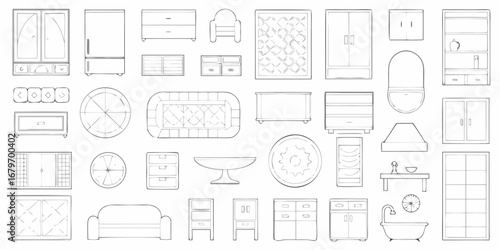 Collection of hand drawn furniture and home decor items in a simple line art style