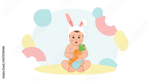 Delightful Infant Adorned With Bunny Ears Holding A Carrot, Playful Pastel Background