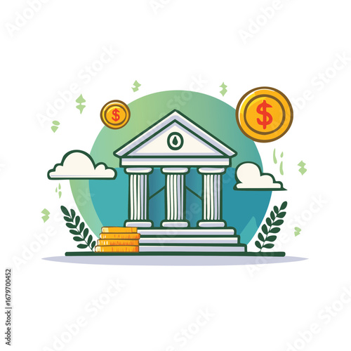 Classical bank building with columns and floating coins symbolizing financial success and wealth