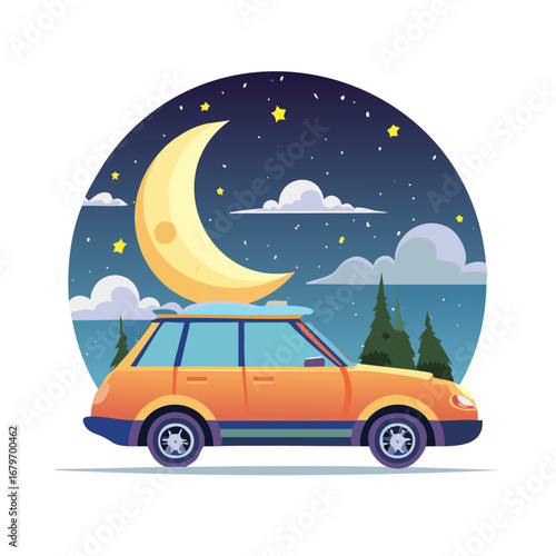 Orange car parked under crescent moon and starry night sky with clouds and trees