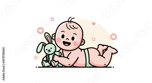Delightful Infant Playing With Bunny Concept Illustration Representing Childcare And Happiness