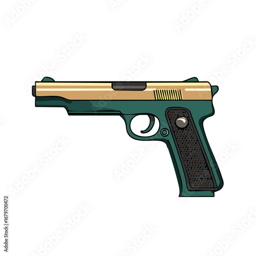 Illustration of a Semi-Automatic Handgun with a Gold Slide and Teal Frame on White