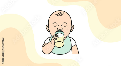 Delightful Infant Savoring Nourishment, Vector Illustration with Pastel Tones and Gentle Curves