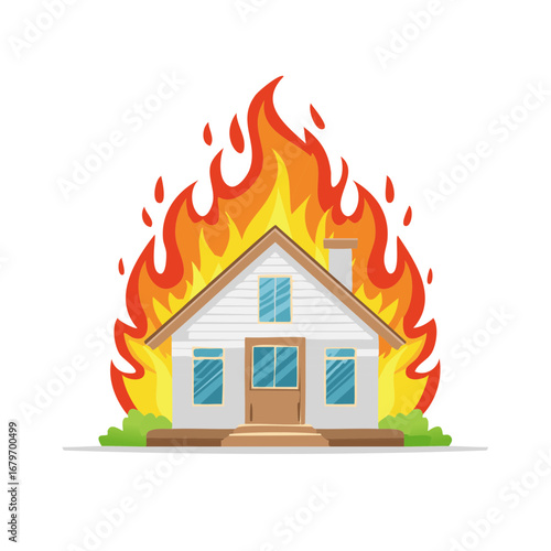 Burning Home with Bright Orange Flames Engulfing Facade a Dramatic Depiction of Disaster and House Fire Safety Concepts