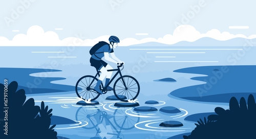 Cycling Across The River: An Adventurous Journey In A Minimalist Blue Landscape