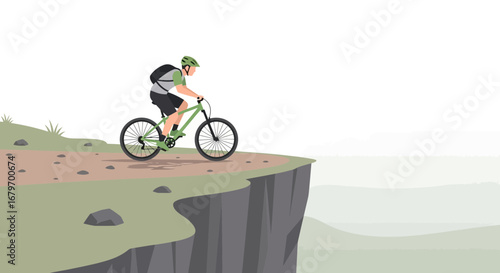 Cycling Adventure: Brave Cyclist Approaching Cliff Edge Overlooking Scenic Mountain Scenery