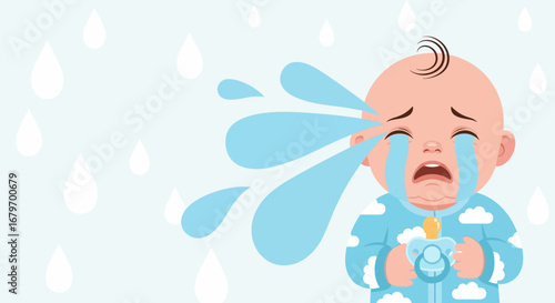 Depicted Baby Expressing Distress and Sadness, Crying Tears While Gripping Pacifier