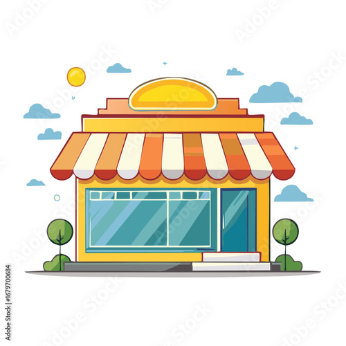 Vibrant yellow and orange storefront with blue door, blue window, and striped awning in daylight