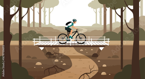 Cycling Adventure Through Forest: Exploring Nature's Trails Over Wooden Bridge