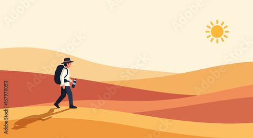 Desert Explorer Traversing The Sand Dunes Under A Scorching Sun In A Remote Landscape