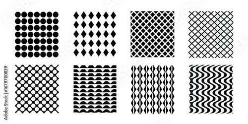 Collection of eight black and white geometric patterns and textures on a white background
