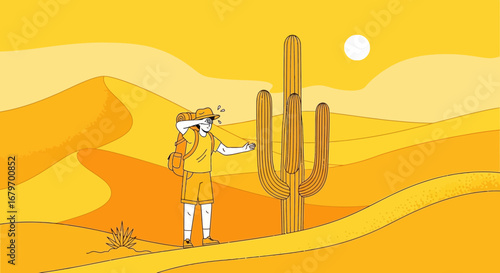 Desert Explorer And Cactus Adventure Under The Scorching Sun Across Sandy Dunes