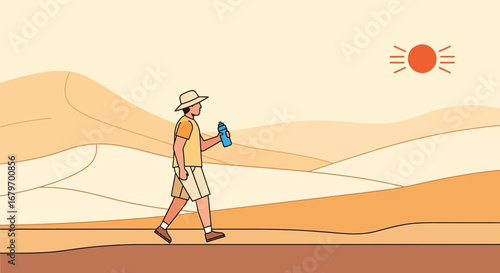Desert Explorer's Journey Illustrating Hydration and Endurance Under Harsh Sun Conditions