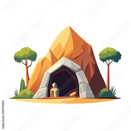 Ancient stone cave entrance nestled within a rugged orange mountain with green trees