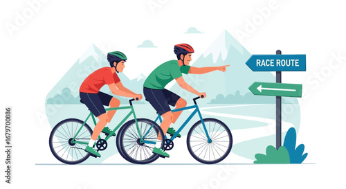 Cycling Duo On Bicycles Following Race Route Indicating Direction And Outdoor Activity