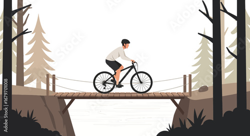 Cycling Over A Suspension Bridge In The Forest, Healthy Lifestyle Concept And Adventure