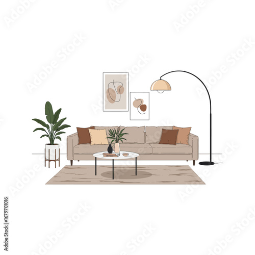 Contemporary home interior featuring a stylish living room with a comfortable sofa, modern chairs, and wooden furniture